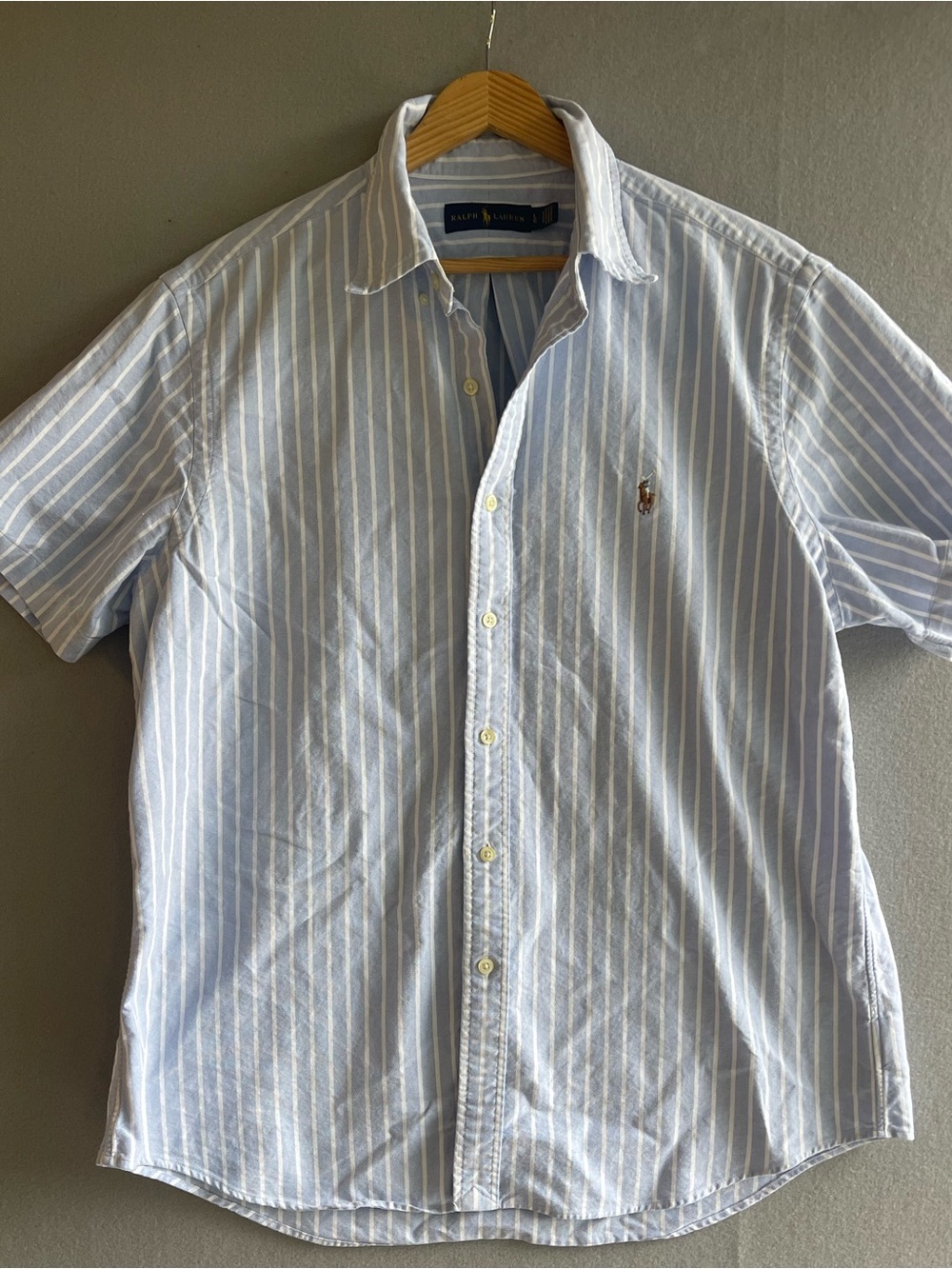 Ralph Lauren Men’s Large Blue White Striped Button Shirt Short Sleeve Pony Logo